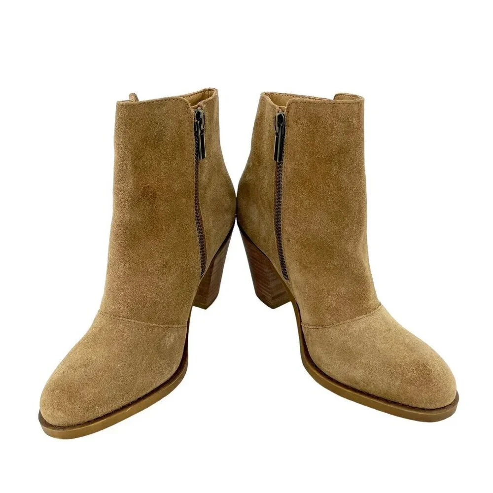 Lucky Brand Boots Suede Embroidered Ankle Boots Tan Heel Leather SZ 6 New